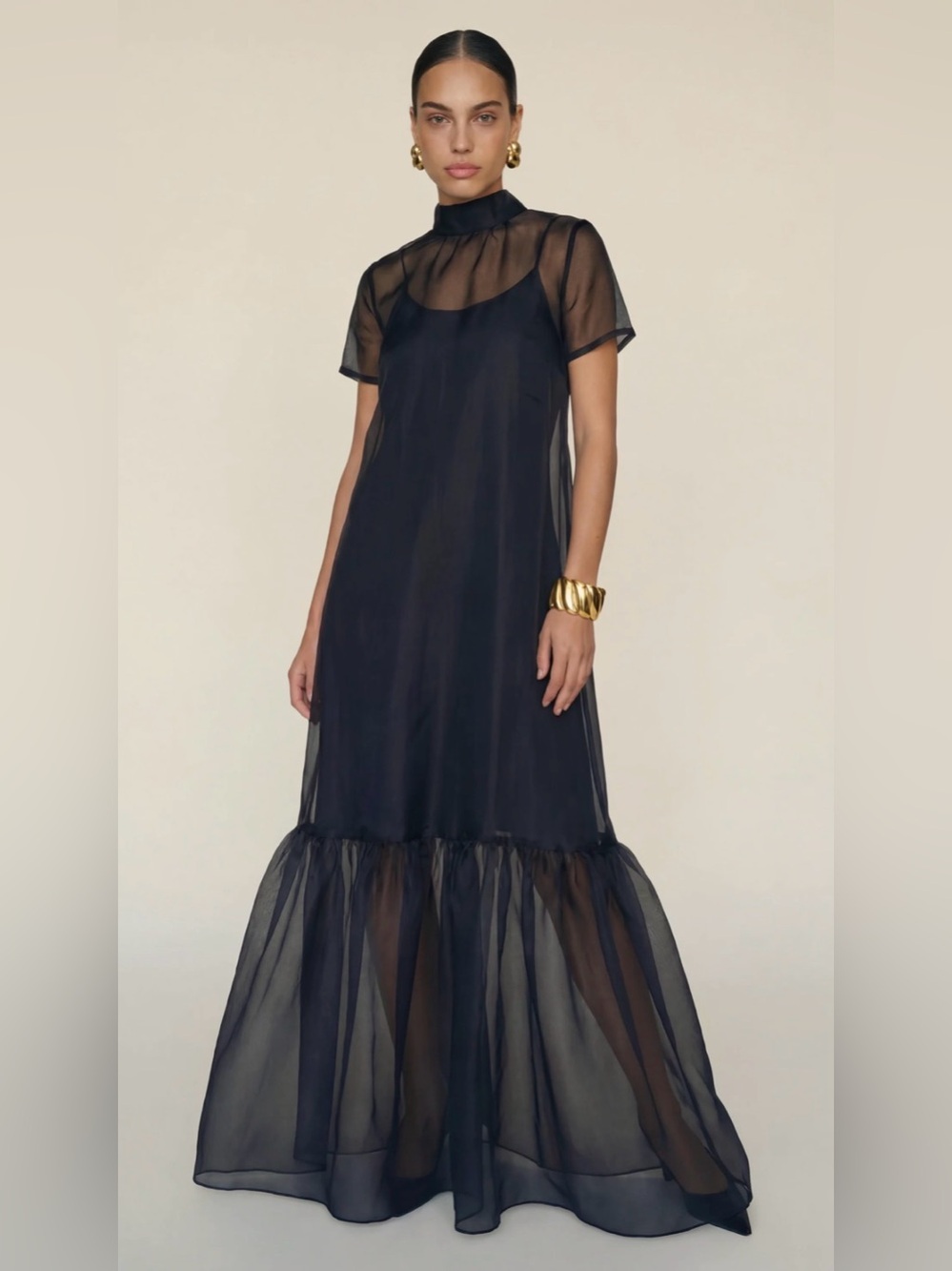 Few Moda CAARA NWT Melody Black Sheer Maxi Dress with Ruffled Hem